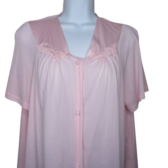 Vintage Vanity Fair Pink Nylon Short Sleeve Pajama Top Laced Trim Button Front L - Picture 2 of 8